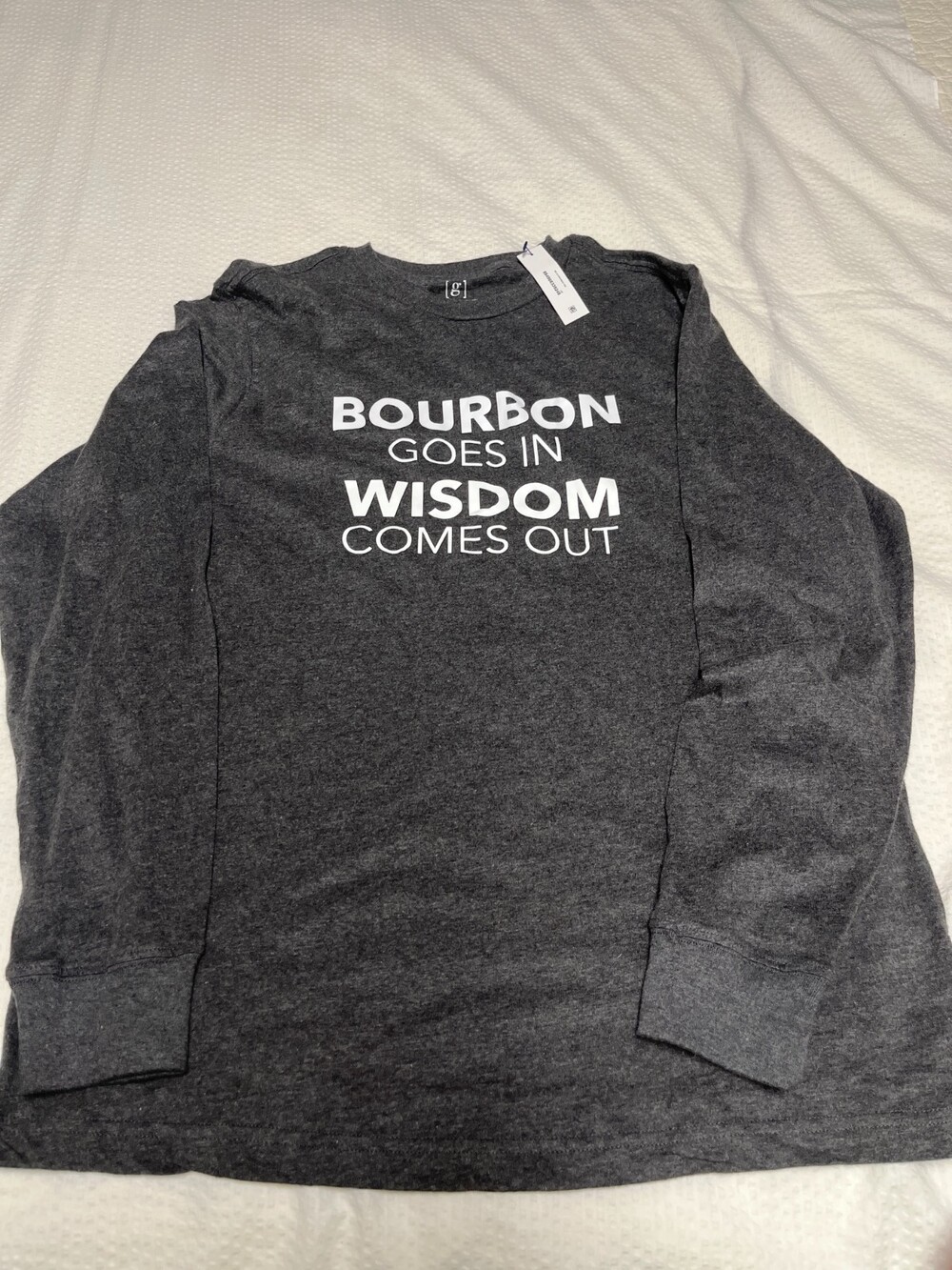 Men's Large Long Sleeve Gray T-shirt "Bourbon goes in, Wisdom comes out" NWT
